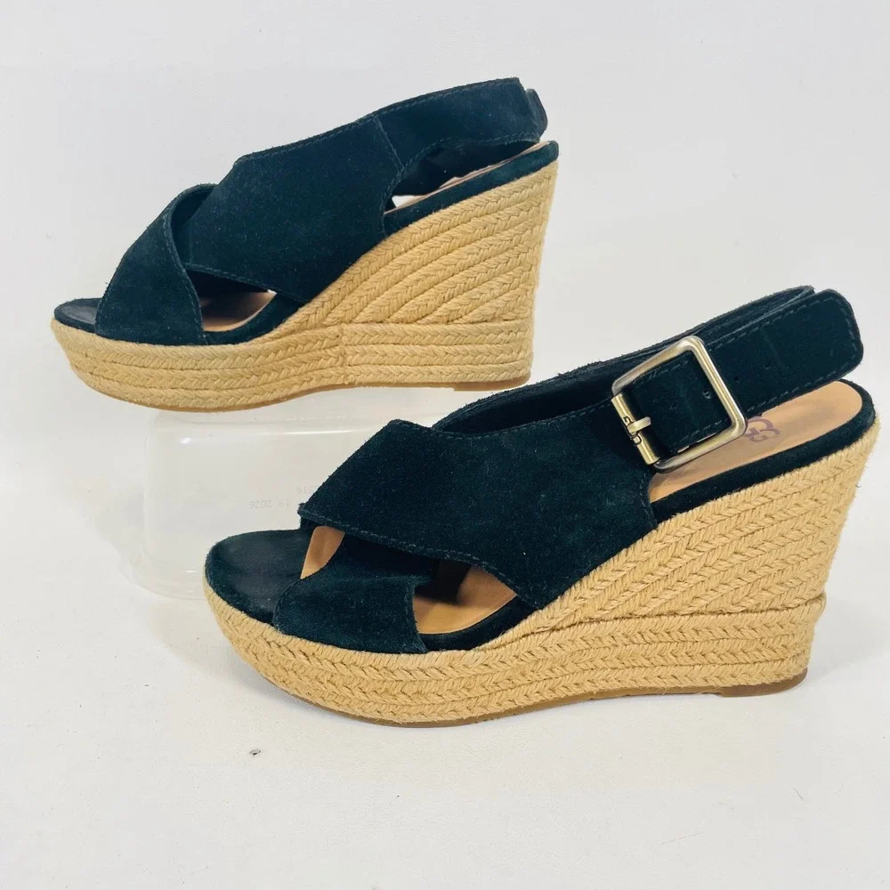 UGG Trina Black Suede Espadrille Wedge Sandals 1019902 Womens 7